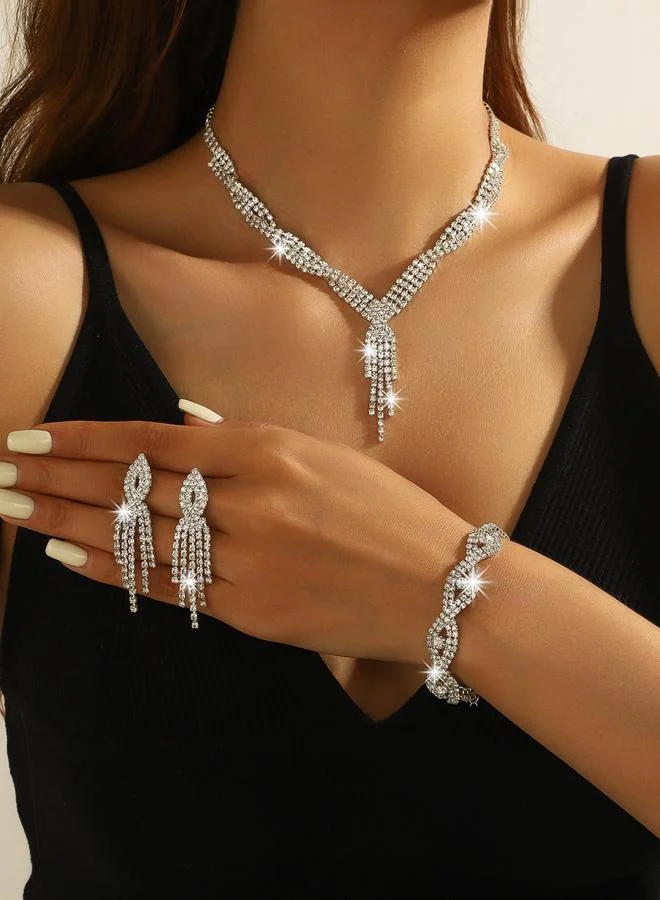 تايك تو طقم مجوهرات 3 قطع عقد بشراشيب وسوار وأقراط منمقة